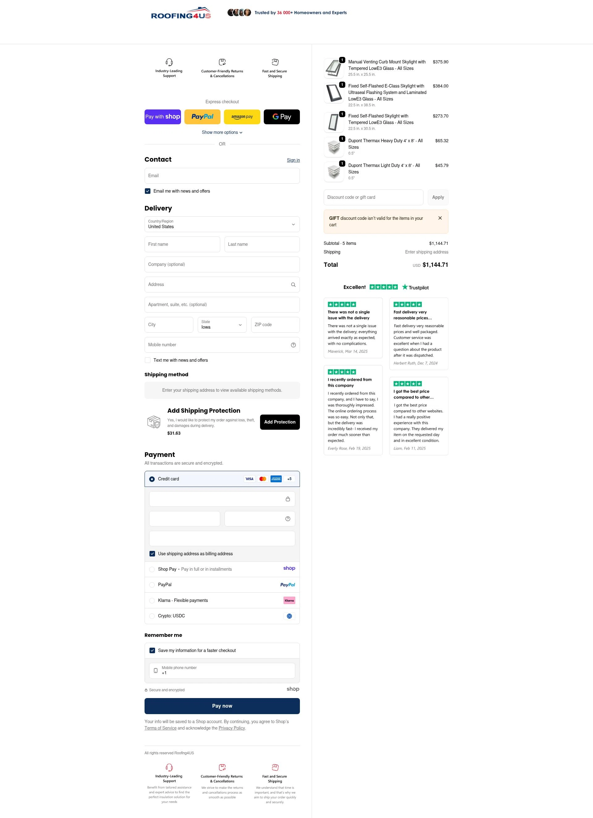 Roofing4US checkout page showing Roofing4US promo code box | Screenshot taken by SimplyCodes community member on Jan 7, 2026