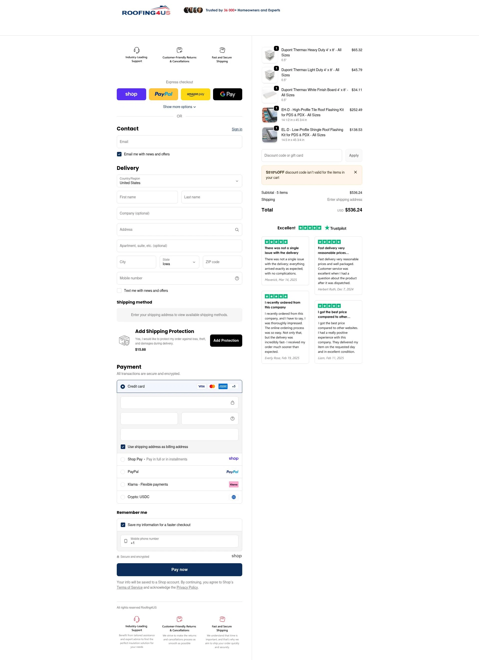 Roofing4US checkout page showing Roofing4US promo code box | Screenshot taken by SimplyCodes community member on Dec 23, 2025