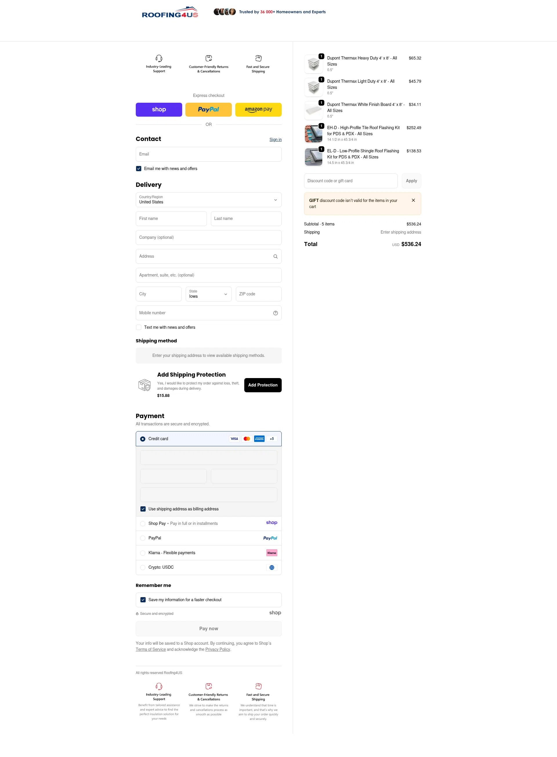 Roofing4US checkout page showing Roofing4US promo code box | Screenshot taken by SimplyCodes community member on Dec 28, 2025