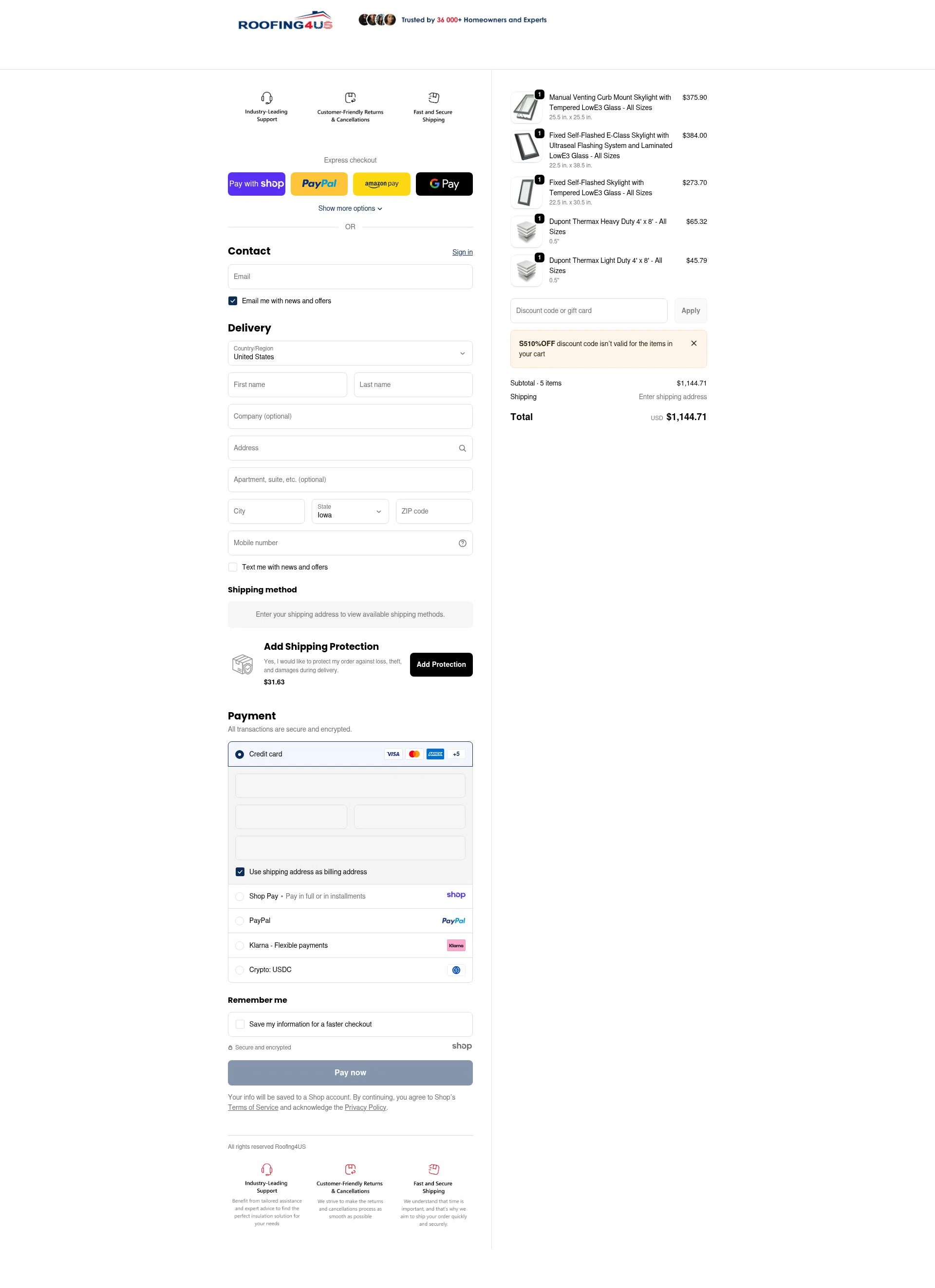 Roofing4US checkout page showing Roofing4US promo code box | Screenshot taken by SimplyCodes community member on Jan 7, 2026
