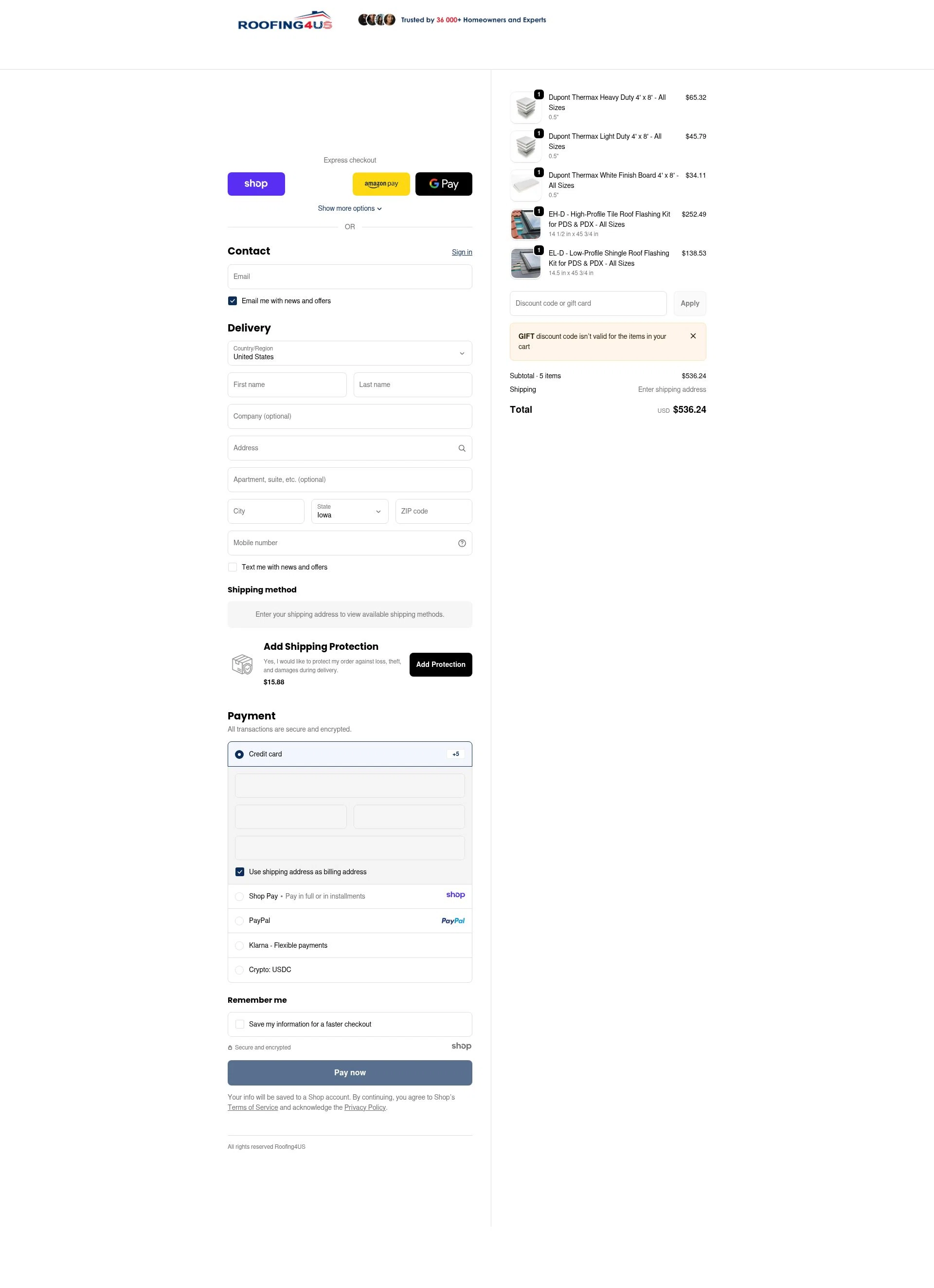 Roofing4US checkout page showing Roofing4US promo code box | Screenshot taken by SimplyCodes community member on Dec 23, 2025
