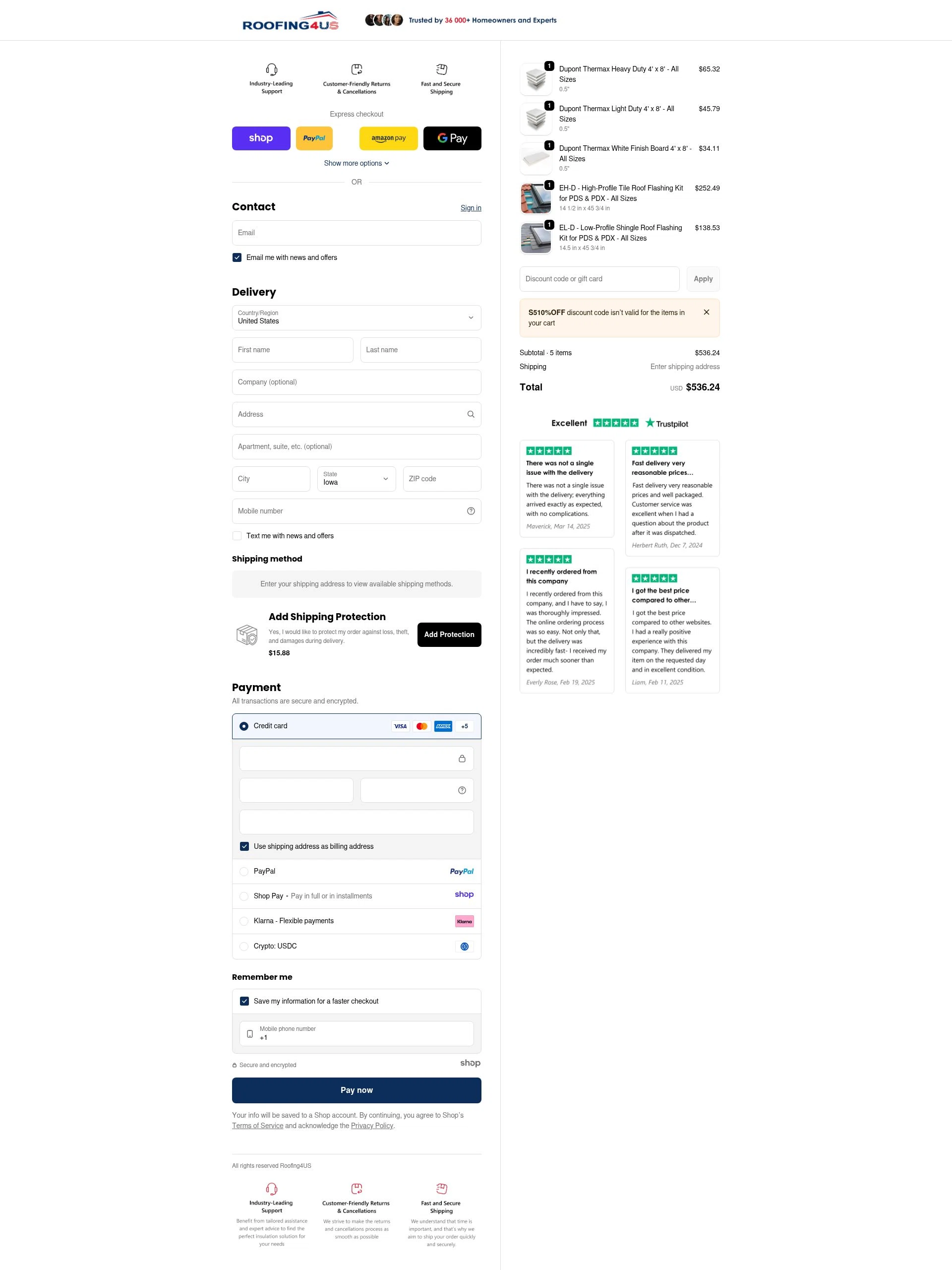 Roofing4US checkout page showing Roofing4US promo code box | Screenshot taken by SimplyCodes community member on Dec 16, 2025
