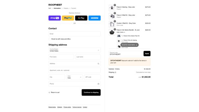 Roofnest checkout page showing Roofnest discount code box | Screenshot taken by SimplyCodes community member on Aug 22, 2025