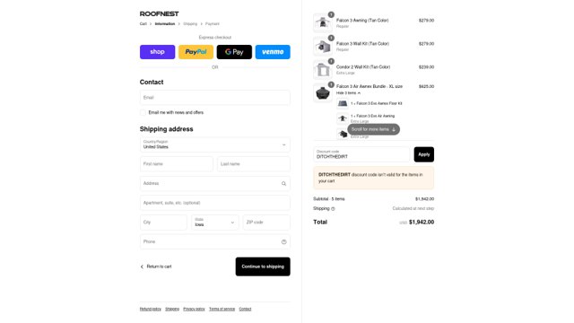 Roofnest checkout page showing Roofnest discount code box | Screenshot taken by SimplyCodes community member on Aug 13, 2025
