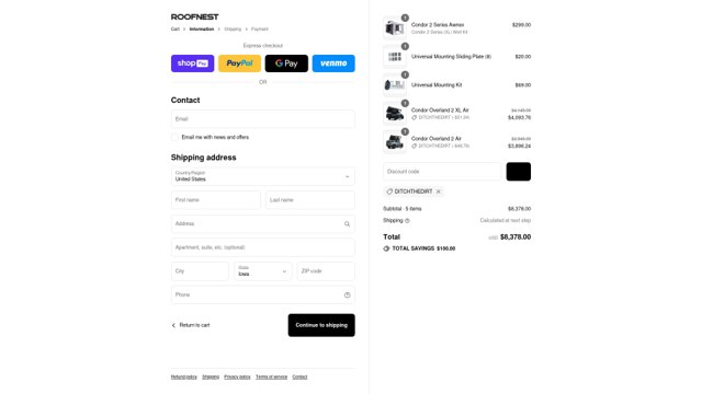 Roofnest checkout page showing Roofnest discount code box | Screenshot taken by SimplyCodes community member on Jul 27, 2025