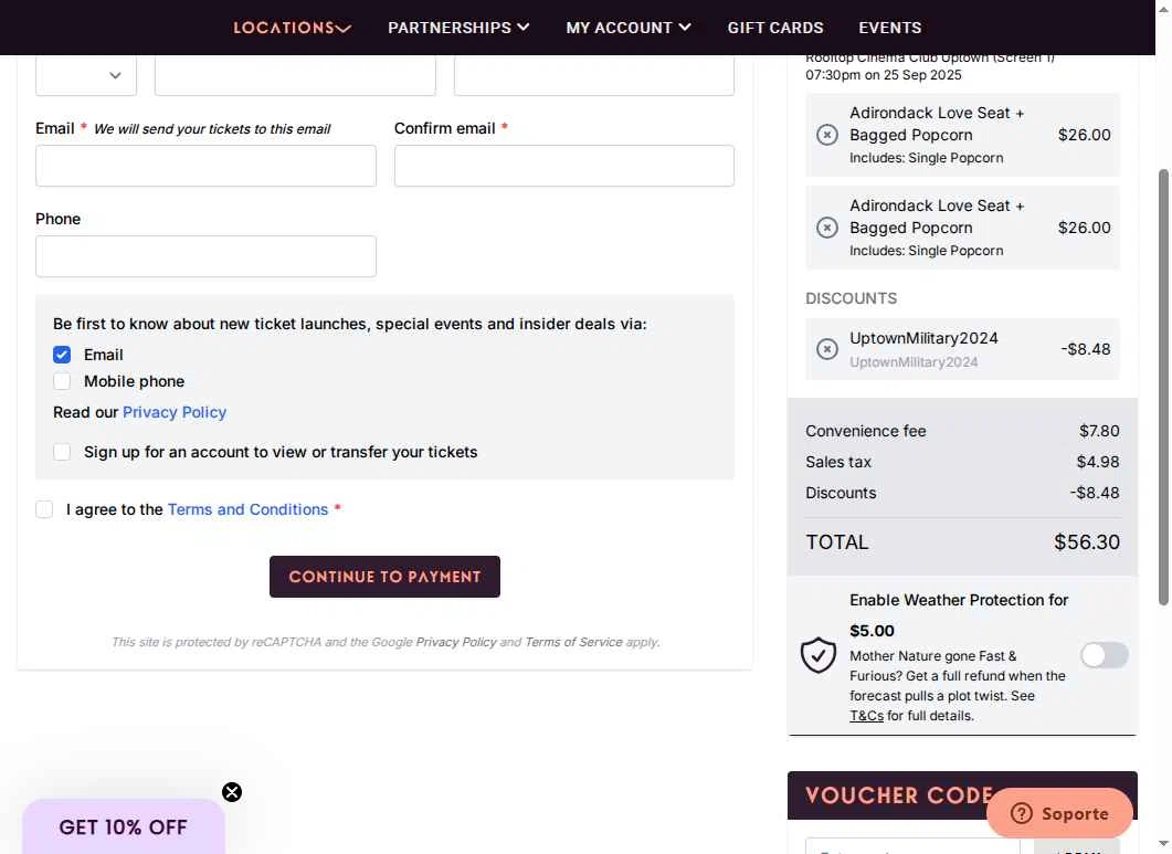 Rooftop Cinema Club checkout page showing Rooftop Cinema Club promo code box | Screenshot taken by SimplyCodes community member on Sep 25, 2025