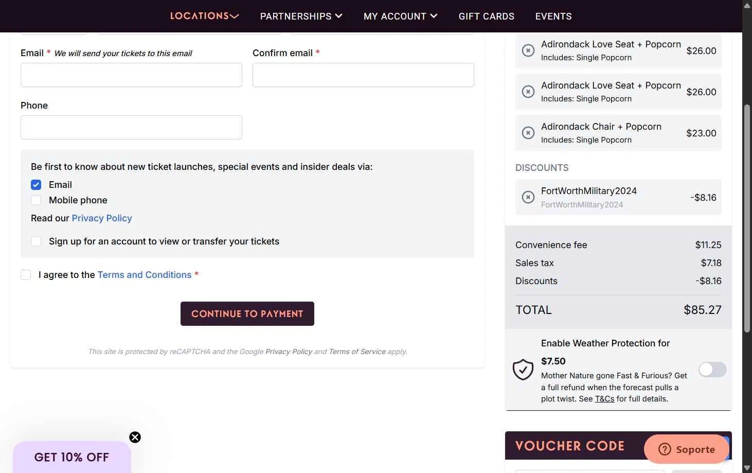 Rooftop Cinema Club checkout page showing Rooftop Cinema Club promo code box | Screenshot taken by SimplyCodes community member on Aug 27, 2025