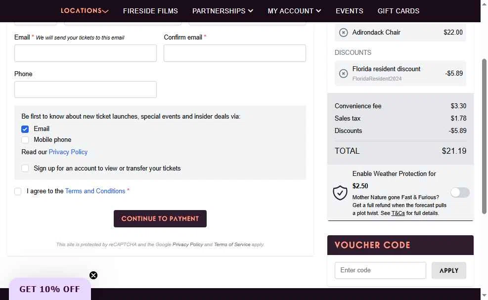 Rooftop Cinema Club checkout page showing Rooftop Cinema Club promo code box | Screenshot taken by SimplyCodes community member on Dec 3, 2025
