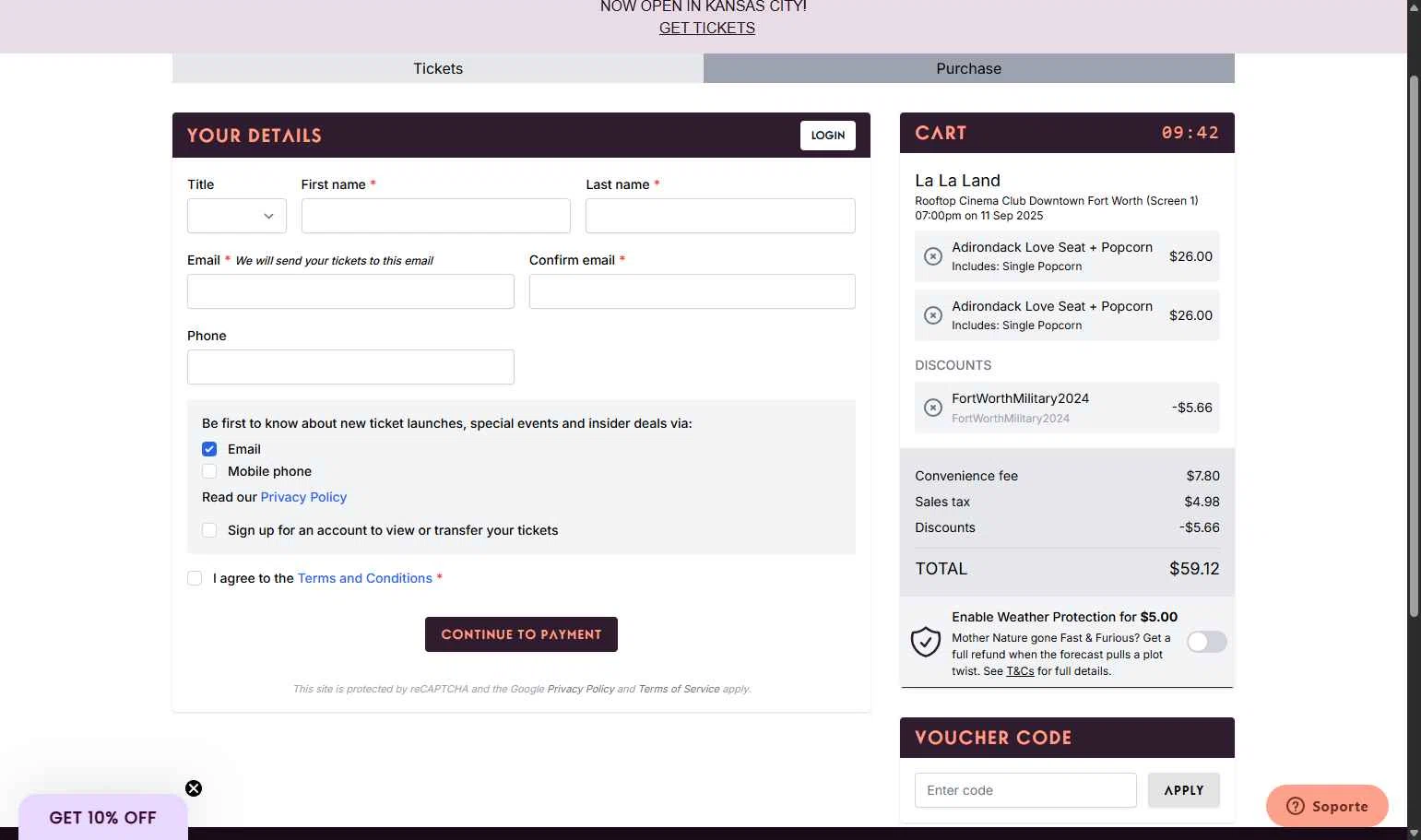 Rooftop Cinema Club checkout page showing Rooftop Cinema Club promo code box | Screenshot taken by SimplyCodes community member on Aug 27, 2025