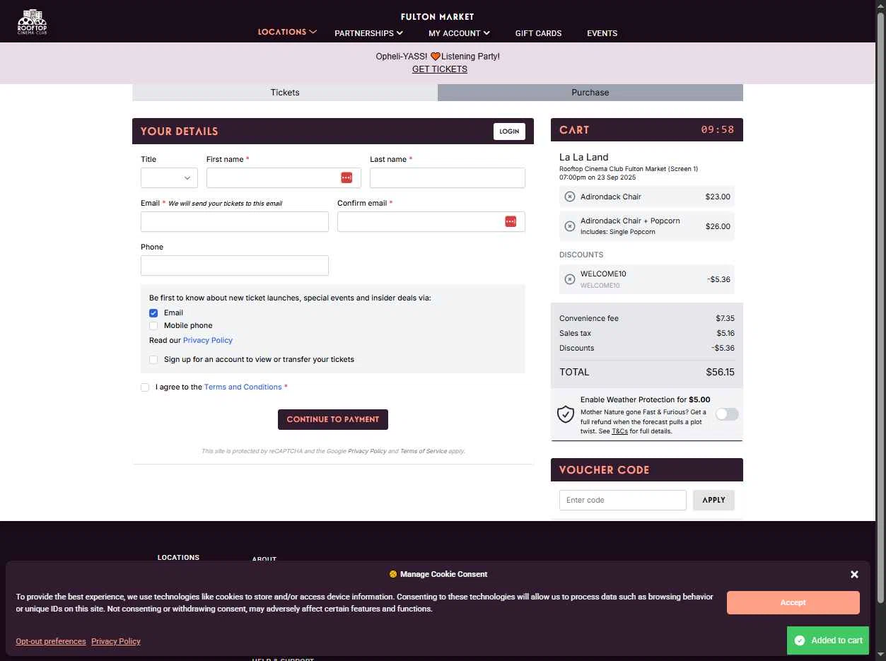 Rooftop Cinema Club checkout page showing Rooftop Cinema Club promo code box | Screenshot taken by SimplyCodes community member on Sep 22, 2025