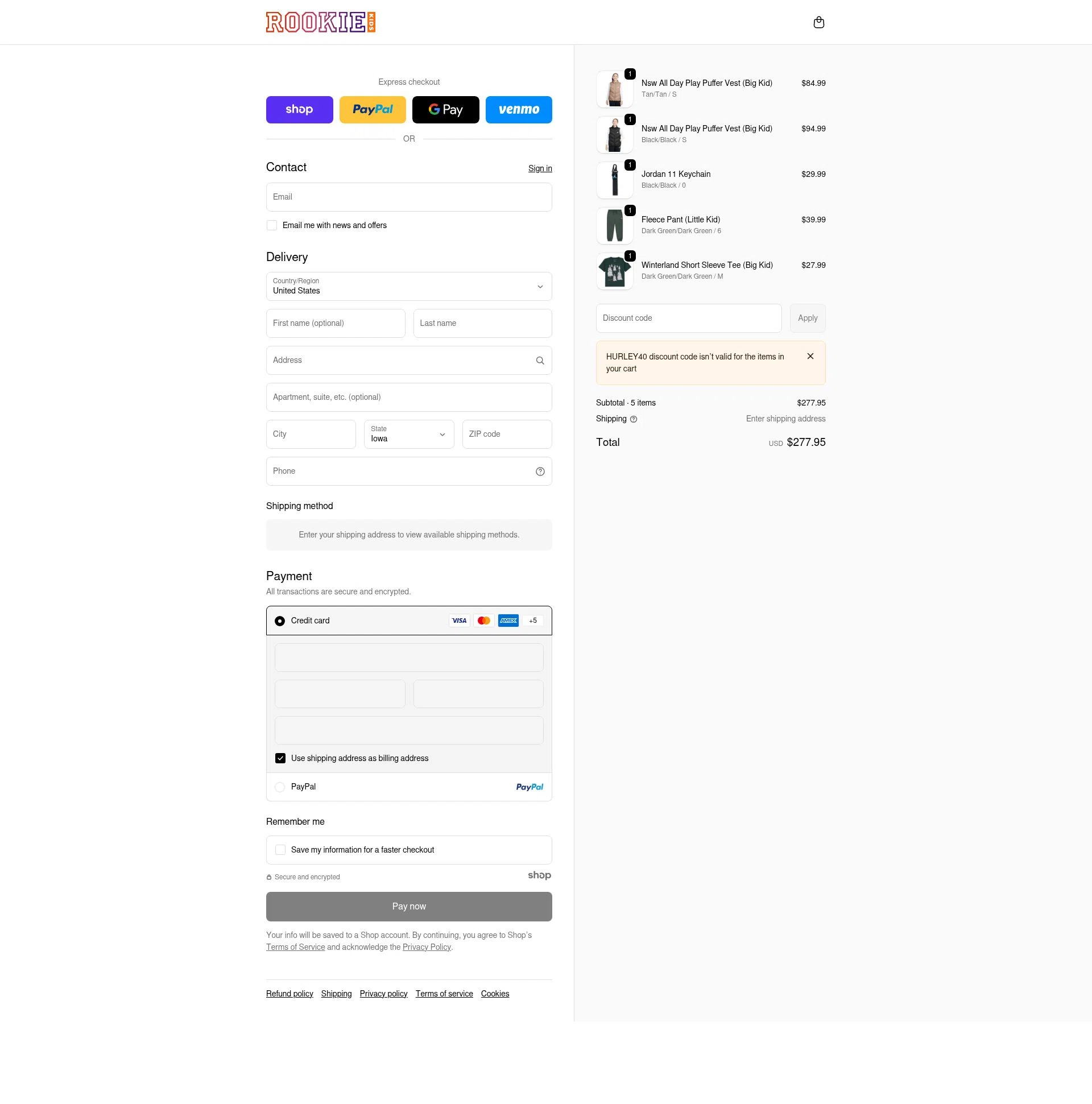 Rookie USA checkout page showing Rookie USA promo code box | Screenshot taken by SimplyCodes community member on Dec 23, 2025