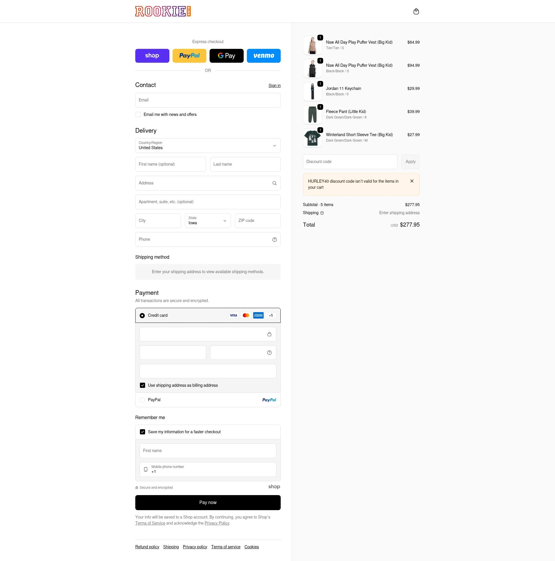 Rookie USA checkout page showing Rookie USA promo code box | Screenshot taken by SimplyCodes community member on Dec 28, 2025