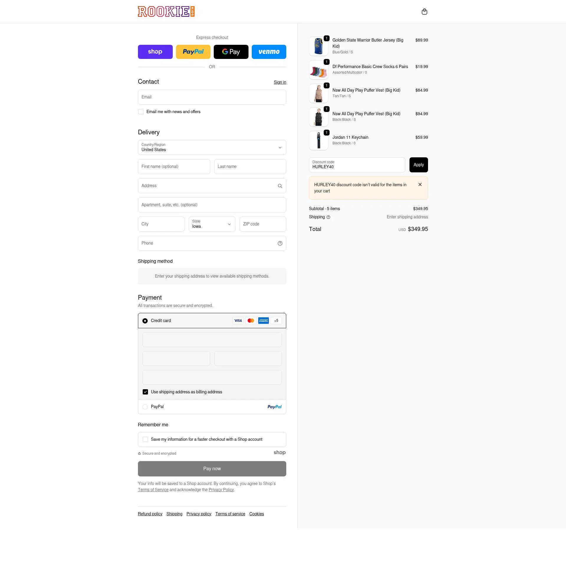 Rookie USA checkout page showing Rookie USA promo code box | Screenshot taken by SimplyCodes community member on Nov 19, 2025