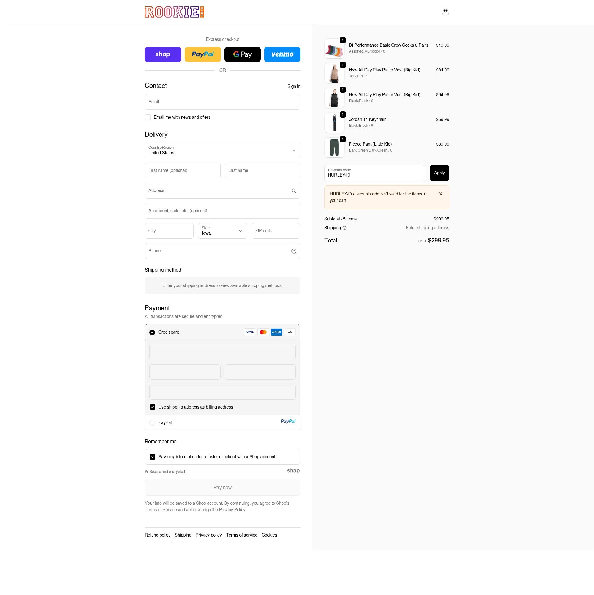 Rookie USA checkout page showing Rookie USA promo code box | Screenshot taken by SimplyCodes community member on Oct 27, 2025
