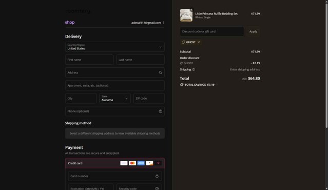 roomtery checkout page showing roomtery discount code box | Screenshot taken by SimplyCodes community member on Sep 2, 2025