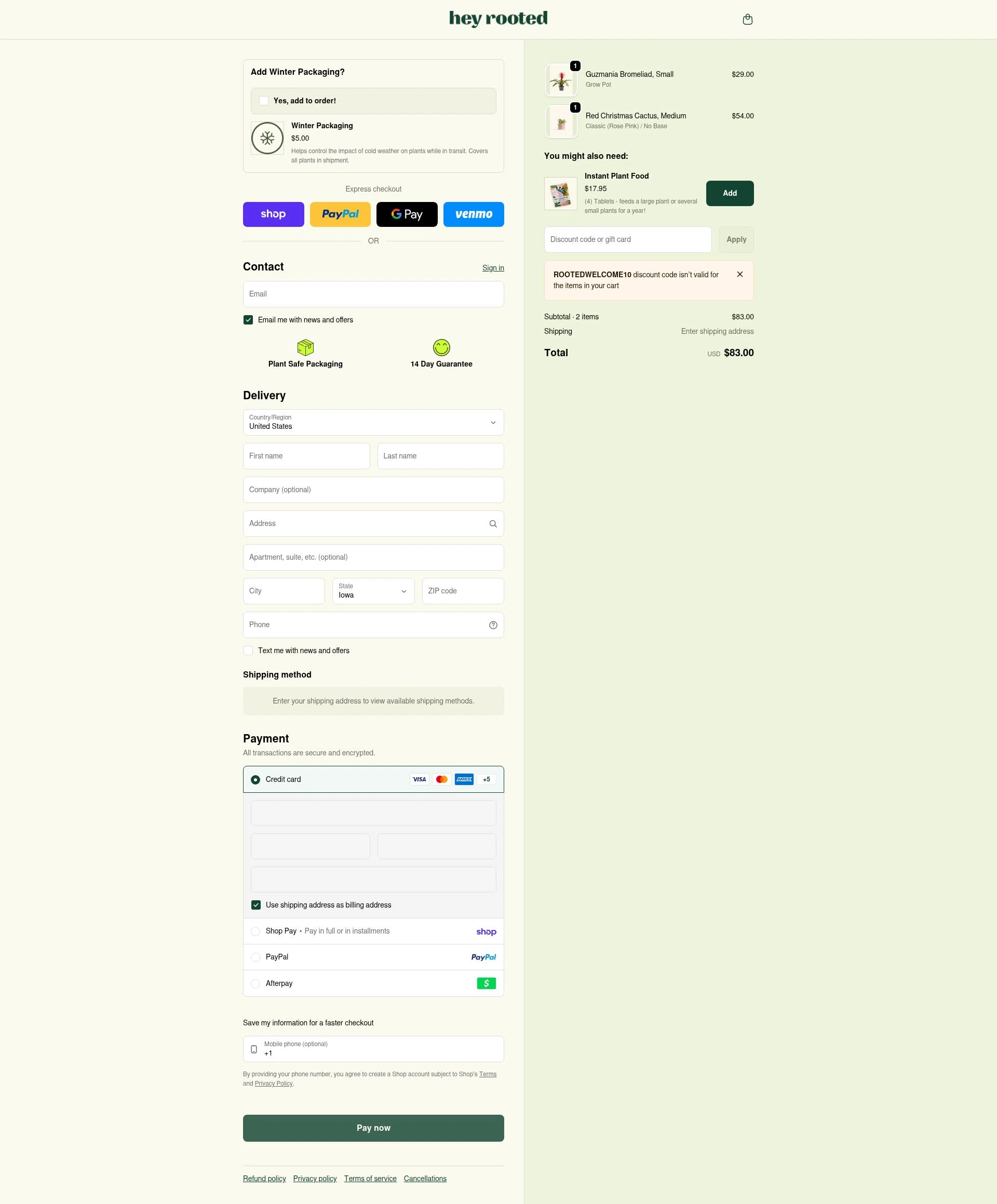 Rooted checkout page showing Rooted discount code box | Screenshot taken by SimplyCodes community member on Feb 1, 2026