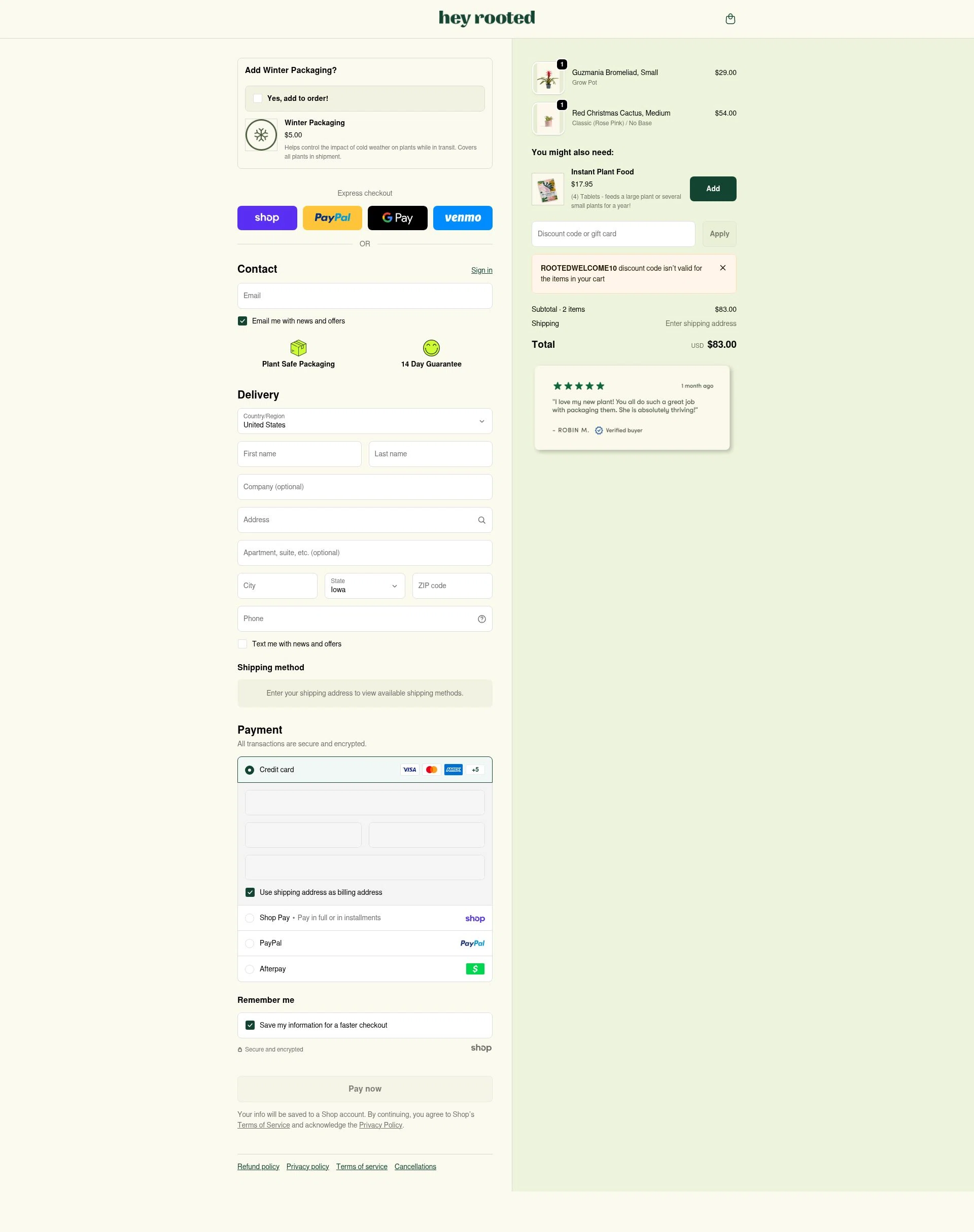 Rooted checkout page showing Rooted discount code box | Screenshot taken by SimplyCodes community member on Jan 28, 2026