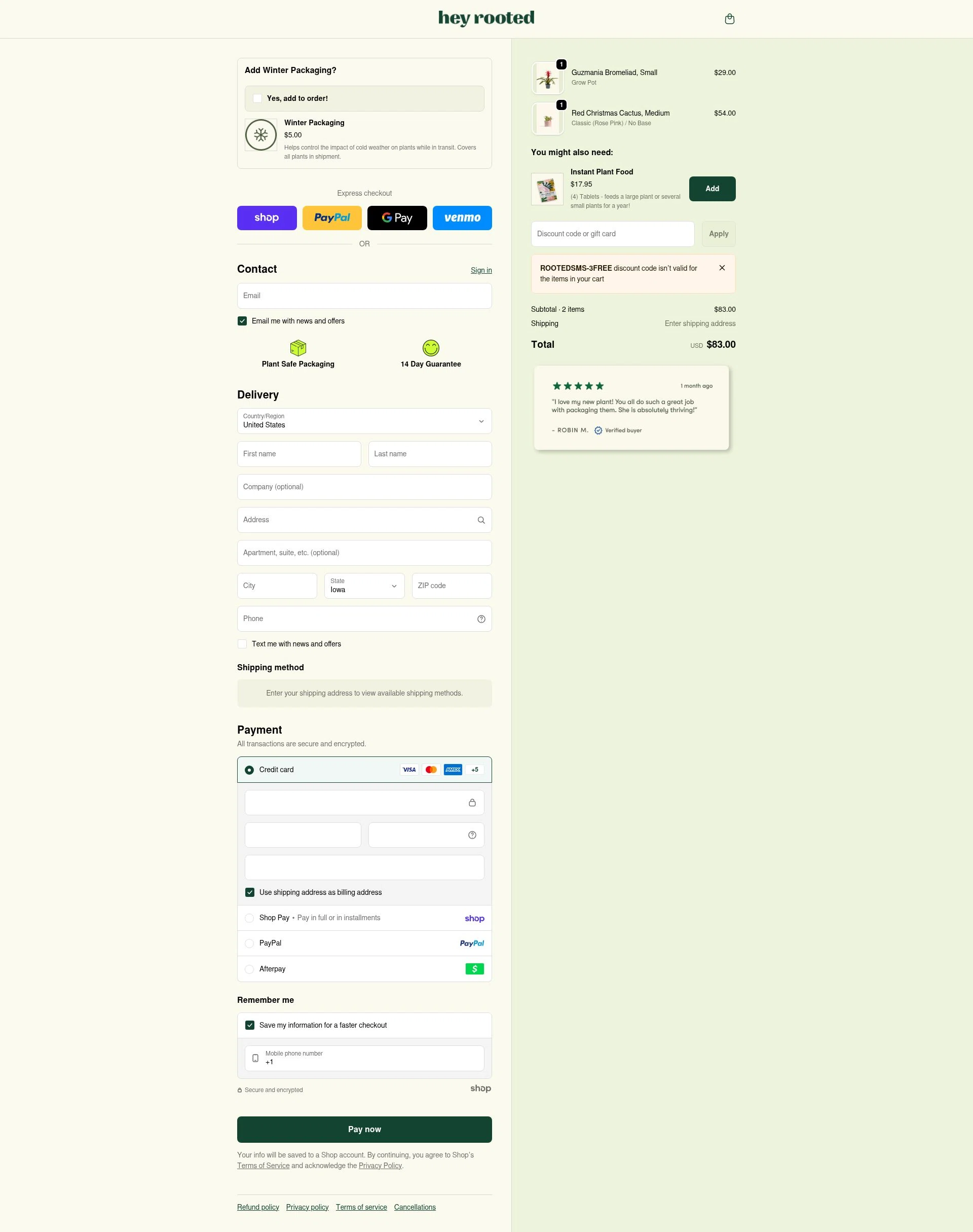 Rooted checkout page showing Rooted discount code box | Screenshot taken by SimplyCodes community member on Jan 28, 2026