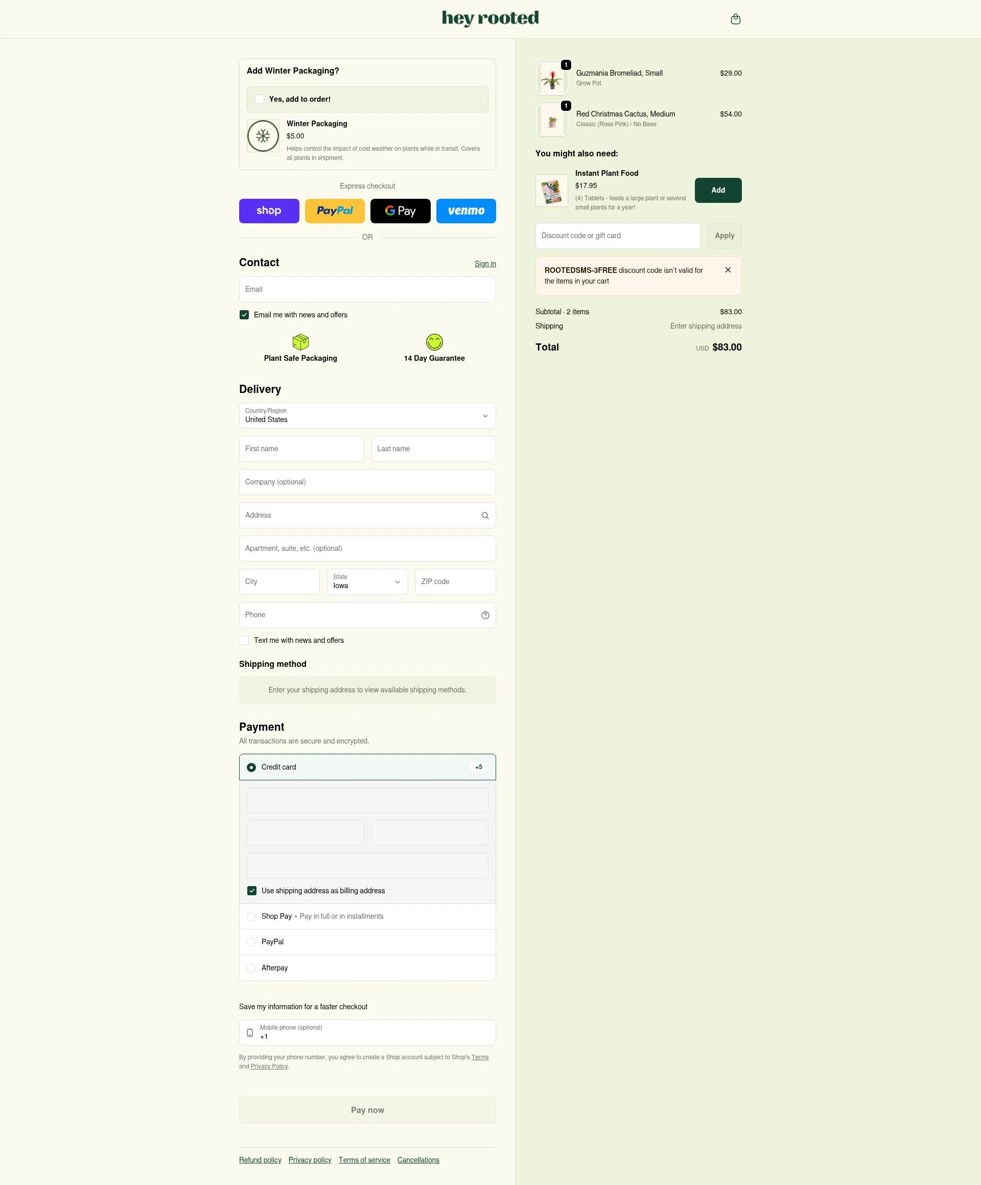 Rooted checkout page showing Rooted discount code box | Screenshot taken by SimplyCodes community member on Feb 1, 2026
