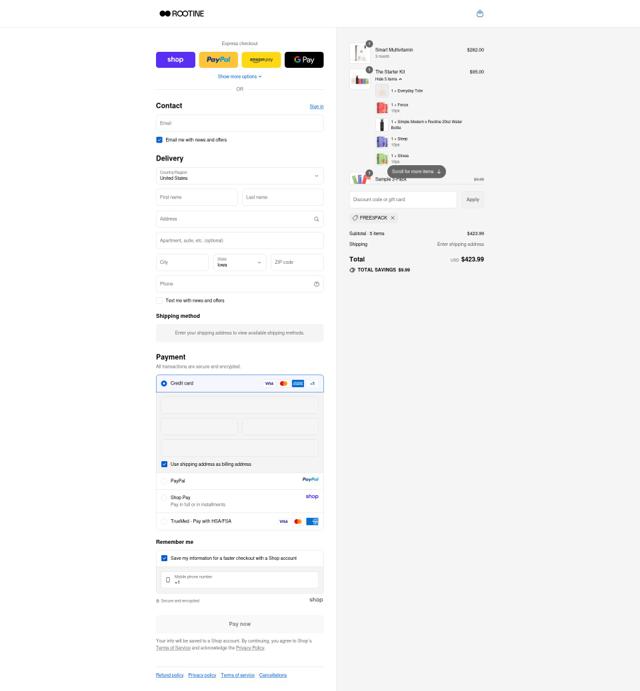 Rootine Multivitamins checkout page showing Rootine Multivitamins promo code box | Screenshot taken by SimplyCodes community member on Sep 17, 2025