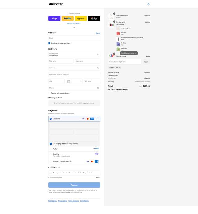 Rootine Multivitamins checkout page showing Rootine Multivitamins promo code box | Screenshot taken by SimplyCodes community member on Sep 13, 2025