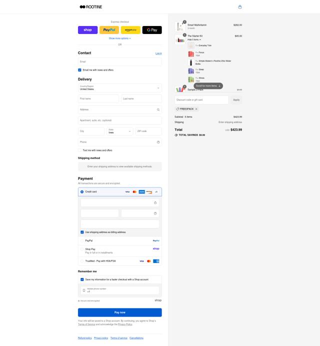 Rootine Multivitamins checkout page showing Rootine Multivitamins promo code box | Screenshot taken by SimplyCodes community member on Sep 9, 2025