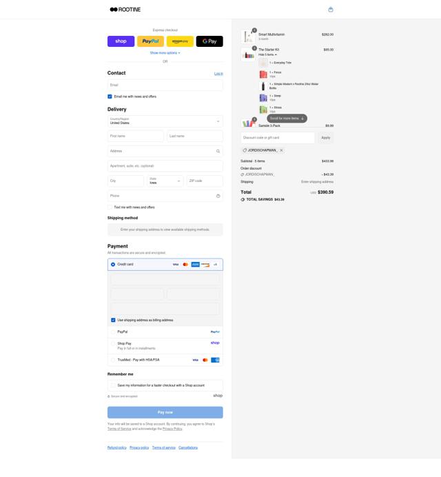 Rootine Multivitamins checkout page showing Rootine Multivitamins promo code box | Screenshot taken by SimplyCodes community member on Sep 4, 2025