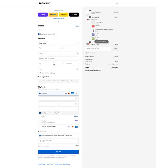 Rootine Multivitamins checkout page showing Rootine Multivitamins promo code box | Screenshot taken by SimplyCodes community member on Sep 17, 2025
