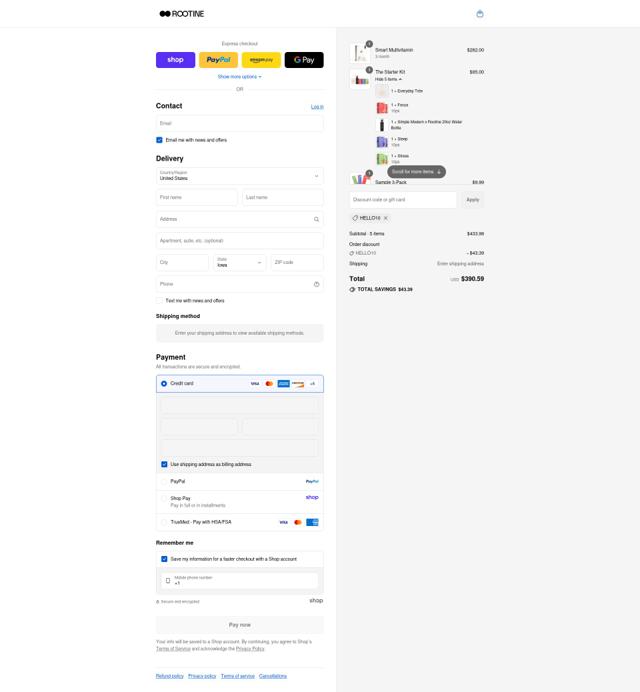 Rootine Multivitamins checkout page showing Rootine Multivitamins promo code box | Screenshot taken by SimplyCodes community member on Sep 9, 2025
