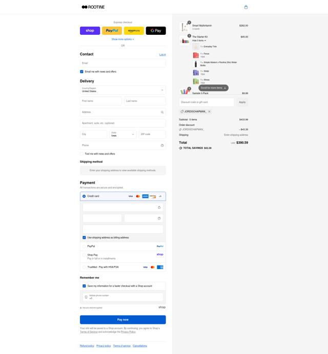Rootine Multivitamins checkout page showing Rootine Multivitamins promo code box | Screenshot taken by SimplyCodes community member on Sep 9, 2025