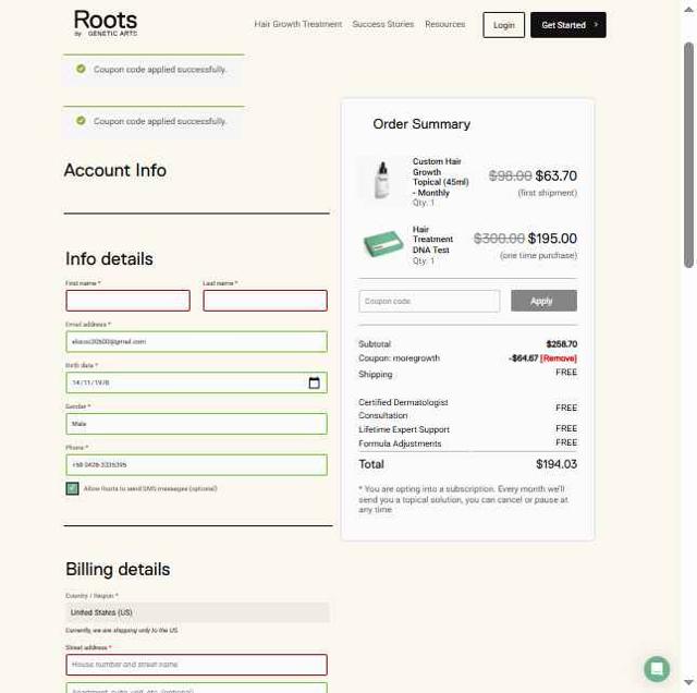 Roots by Genetic Arts checkout page showing Roots by Genetic Arts coupon code box | Screenshot taken by SimplyCodes community member on Jul 19, 2025
