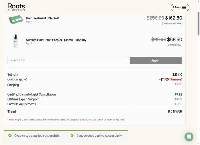 Roots by Genetic Arts checkout page showing Roots by Genetic Arts coupon code box | Screenshot taken by SimplyCodes community member on Aug 13, 2025