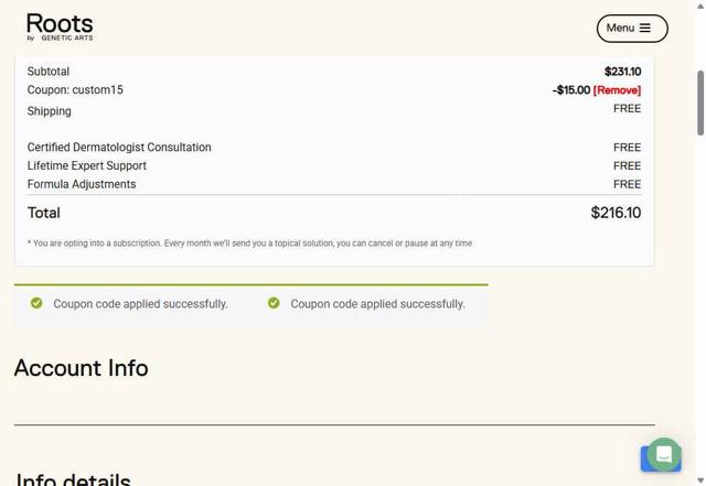 Roots by Genetic Arts checkout page showing Roots by Genetic Arts coupon code box | Screenshot taken by SimplyCodes community member on Sep 15, 2025