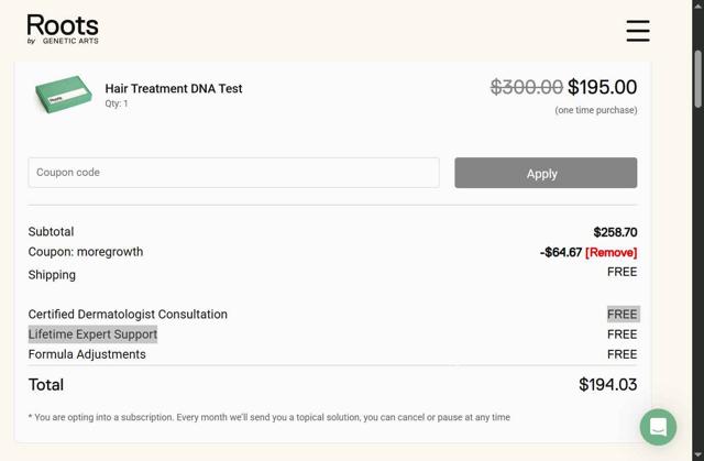Roots by Genetic Arts checkout page showing Roots by Genetic Arts coupon code box | Screenshot taken by SimplyCodes community member on Jul 19, 2025