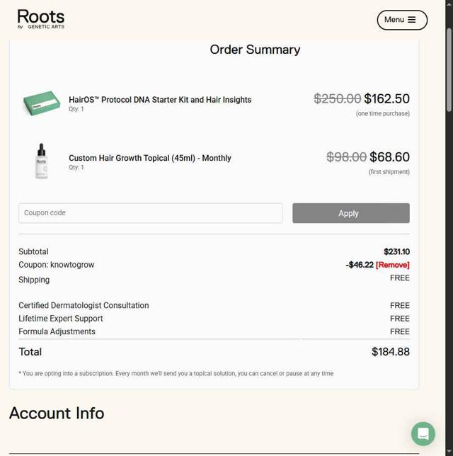 Roots by Genetic Arts checkout page showing Roots by Genetic Arts coupon code box | Screenshot taken by SimplyCodes community member on Sep 18, 2025