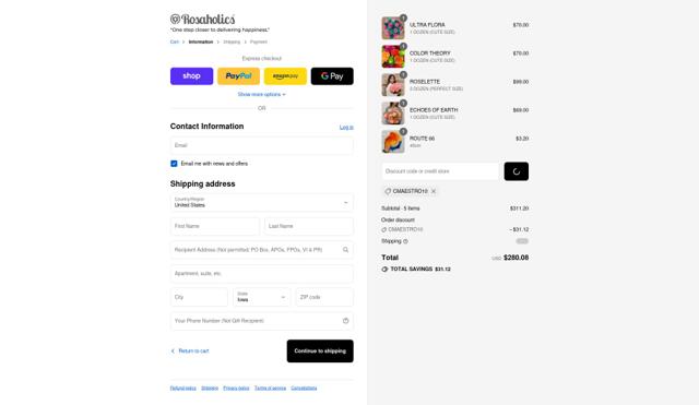 Rosaholics checkout page showing Rosaholics discount code box | Screenshot taken by SimplyCodes community member on Aug 31, 2025