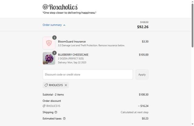 Rosaholics checkout page showing Rosaholics discount code box | Screenshot taken by SimplyCodes community member on Sep 17, 2025