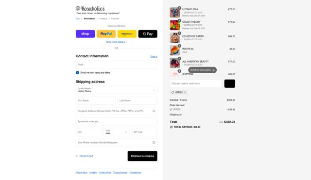 Rosaholics checkout page showing Rosaholics discount code box | Screenshot taken by SimplyCodes community member on Sep 9, 2025