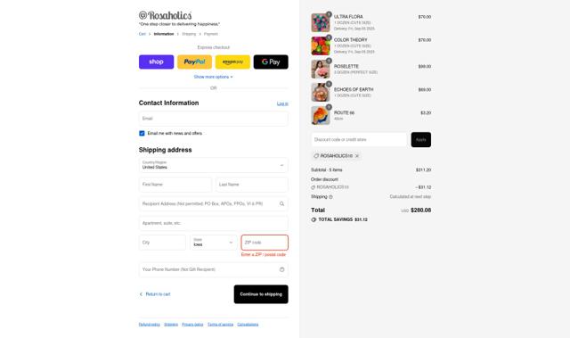 Rosaholics checkout page showing Rosaholics discount code box | Screenshot taken by SimplyCodes community member on Aug 31, 2025