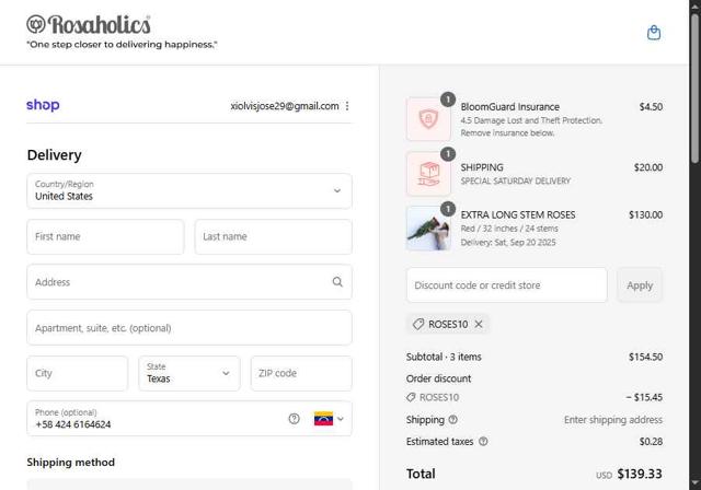 Rosaholics checkout page showing Rosaholics discount code box | Screenshot taken by SimplyCodes community member on Sep 16, 2025