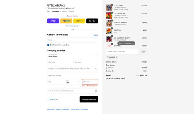 Rosaholics checkout page showing Rosaholics discount code box | Screenshot taken by SimplyCodes community member on Sep 9, 2025