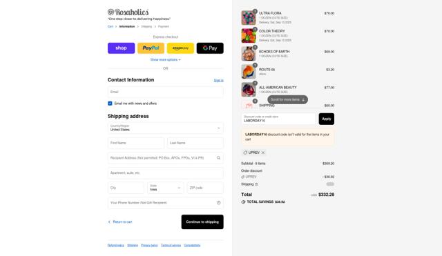Rosaholics checkout page showing Rosaholics discount code box | Screenshot taken by SimplyCodes community member on Sep 9, 2025