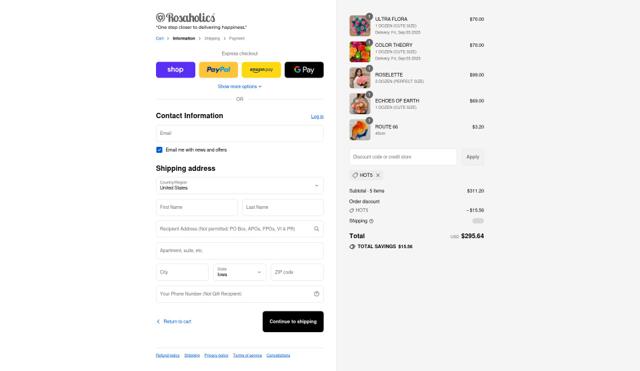 Rosaholics checkout page showing Rosaholics discount code box | Screenshot taken by SimplyCodes community member on Aug 31, 2025