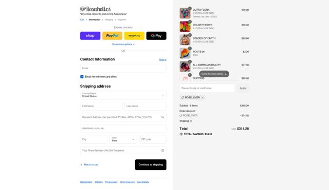 Rosaholics checkout page showing Rosaholics discount code box | Screenshot taken by SimplyCodes community member on Sep 9, 2025