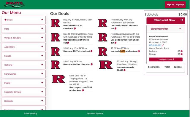Rosati's checkout page showing Rosati's promo code box | Screenshot taken by SimplyCodes community member on Sep 14, 2025