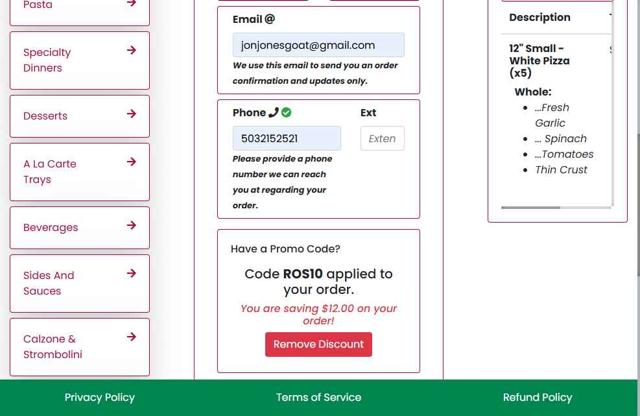 Rosati's checkout page showing Rosati's promo code box | Screenshot taken by SimplyCodes community member on Sep 14, 2025