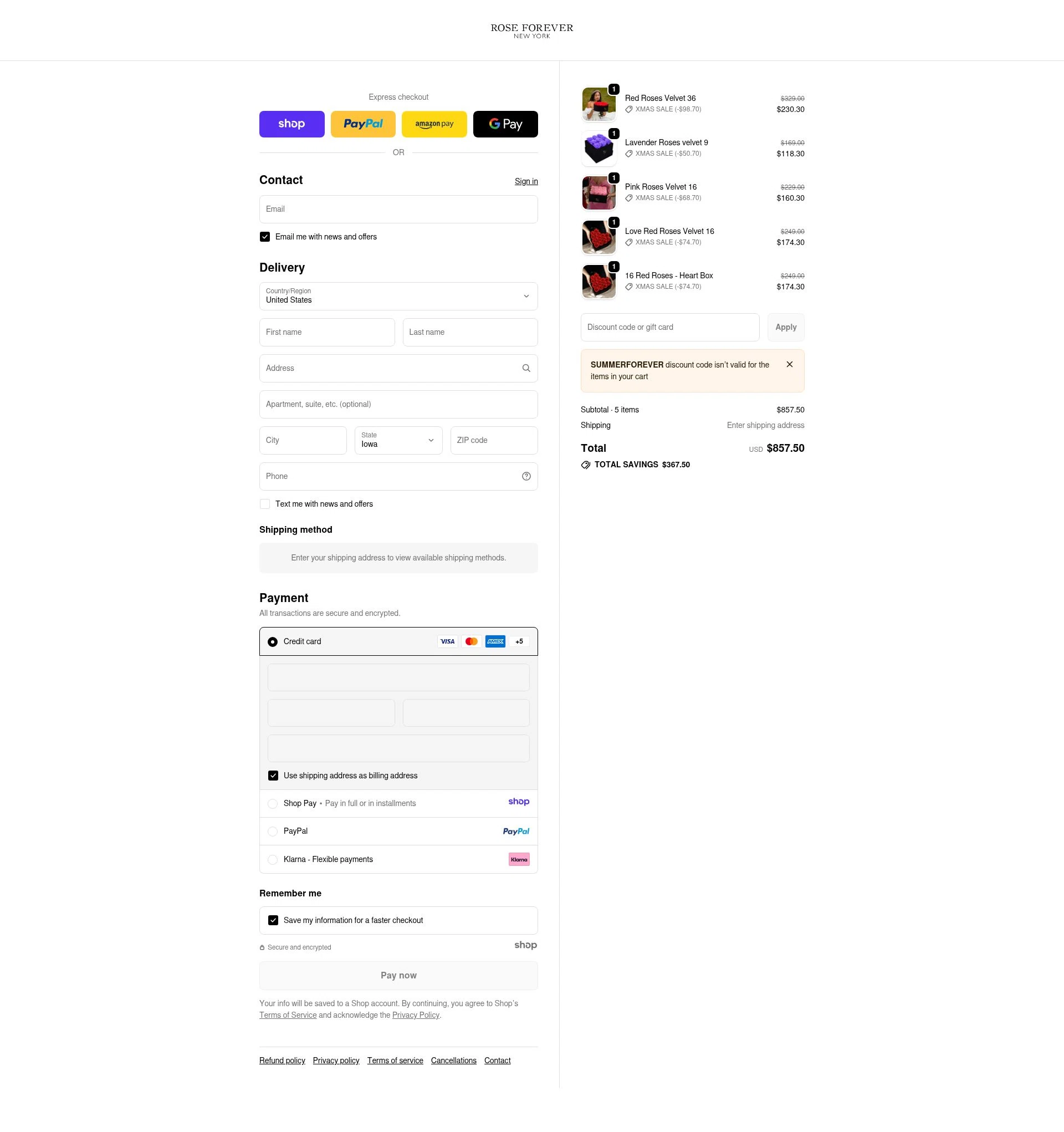 Rose Forever NY checkout page showing Rose Forever NY promo code box | Screenshot taken by SimplyCodes community member on Dec 29, 2025