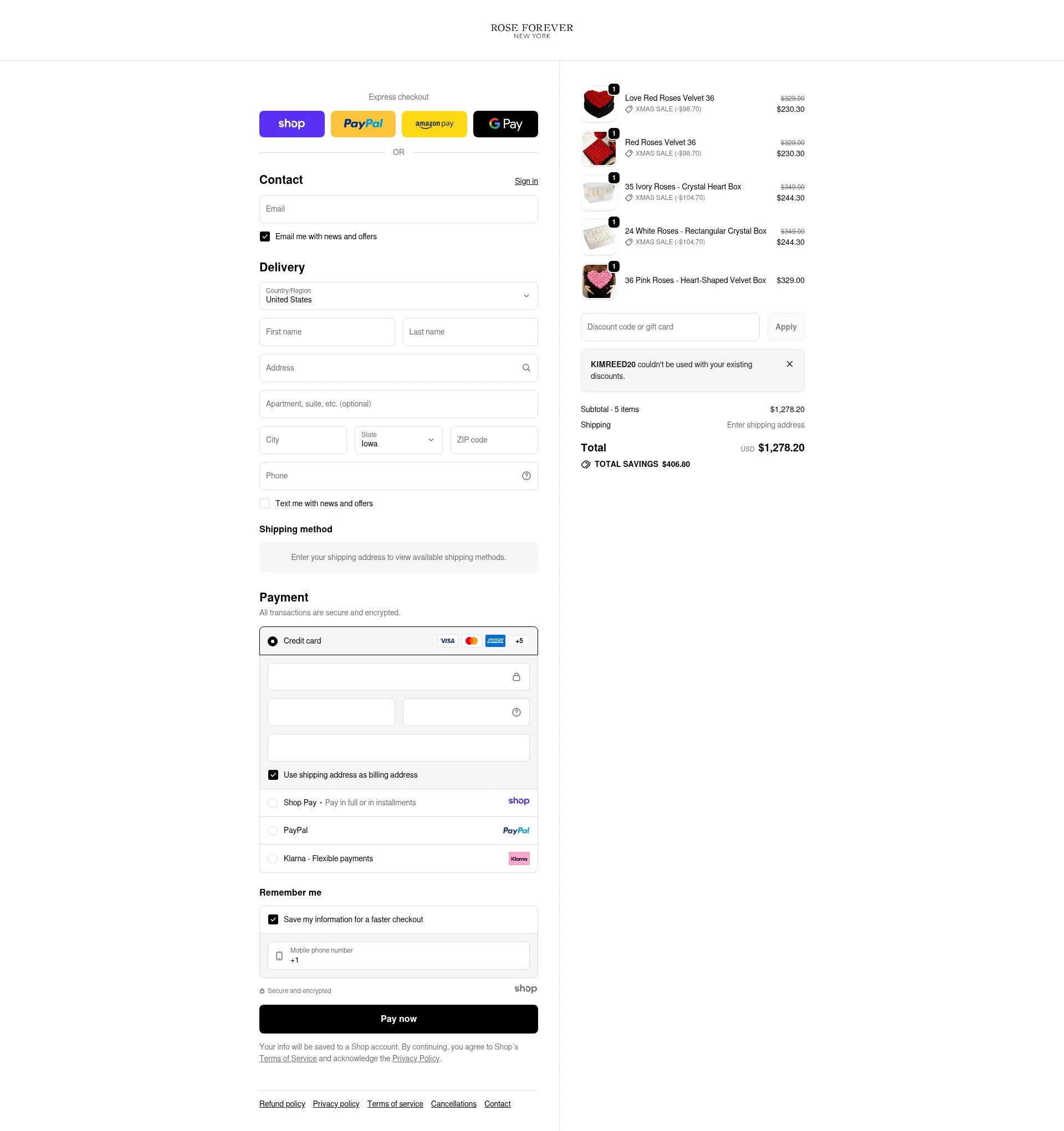 Rose Forever NY checkout page showing Rose Forever NY promo code box | Screenshot taken by SimplyCodes community member on Jan 8, 2026