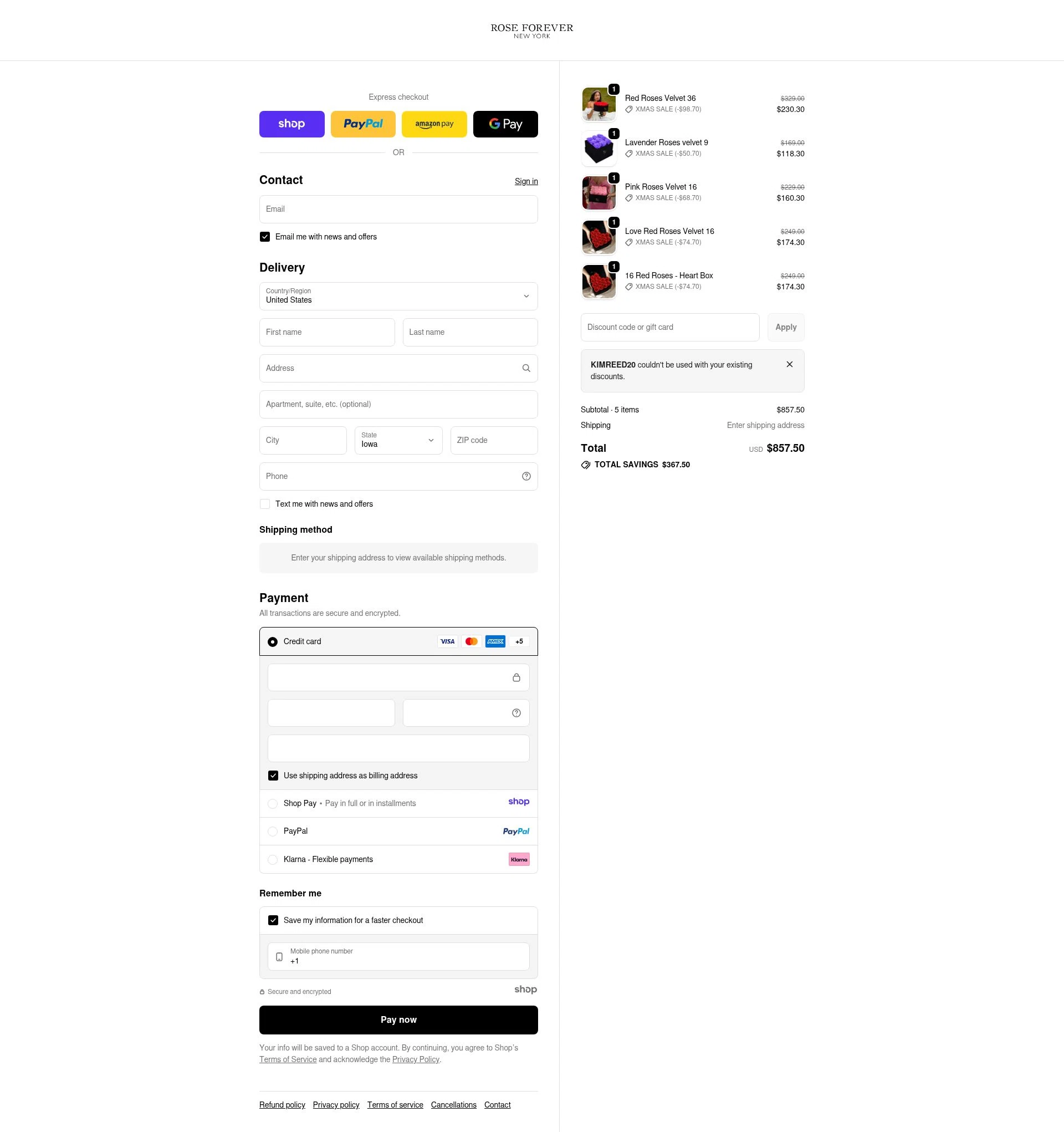 Rose Forever NY checkout page showing Rose Forever NY promo code box | Screenshot taken by SimplyCodes community member on Dec 29, 2025