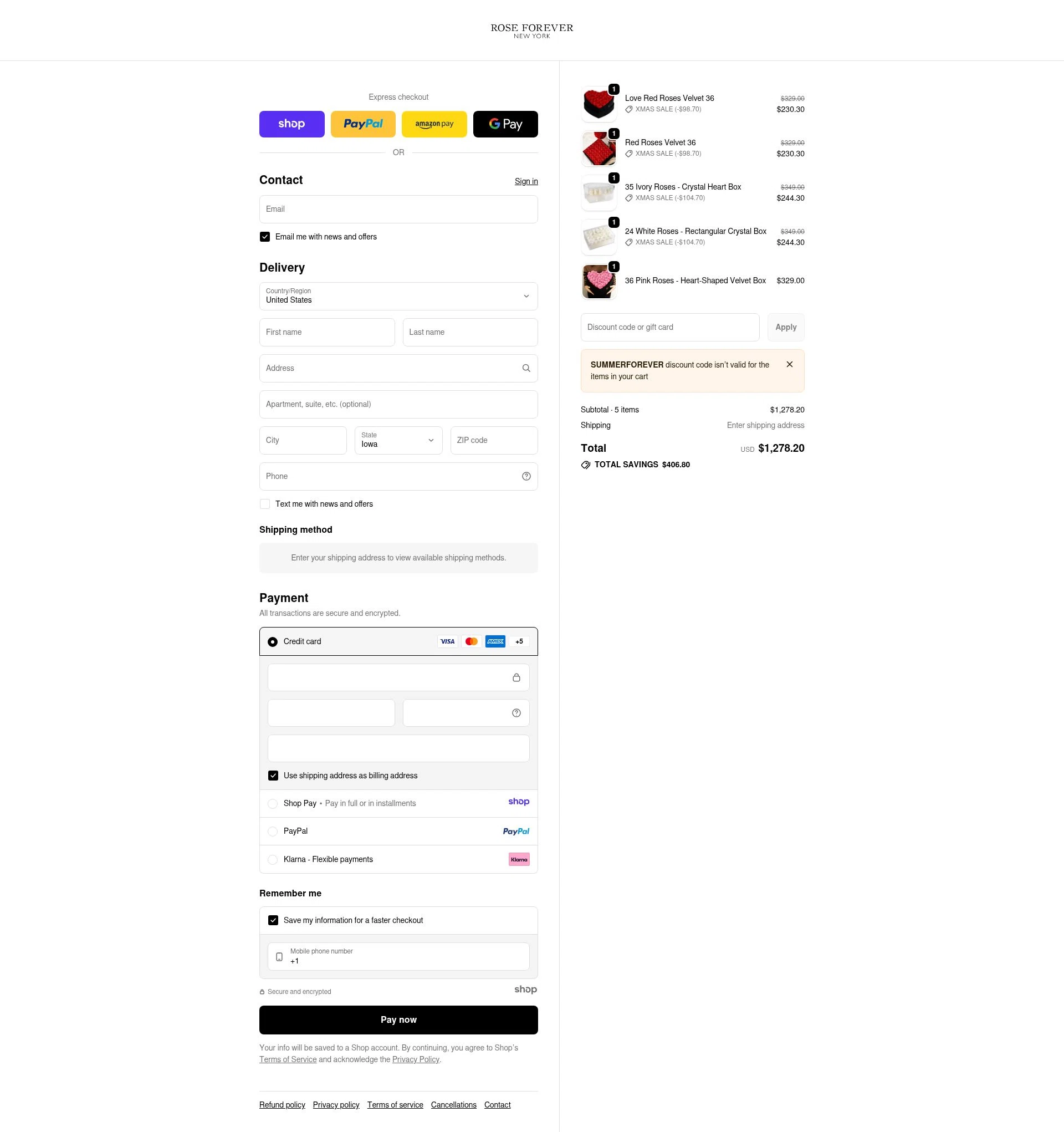 Rose Forever NY checkout page showing Rose Forever NY promo code box | Screenshot taken by SimplyCodes community member on Jan 8, 2026